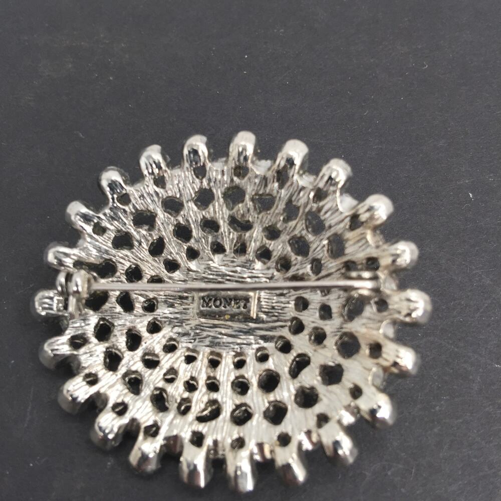 Monet Vintage Silver Color Rhinestones Black Faux Gem Brooch Pin - Picture 2 of 4
